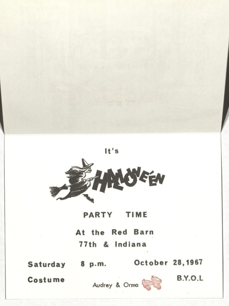Black text "It's Halloween" with a sketch of a witch on a broom and logistical party details.