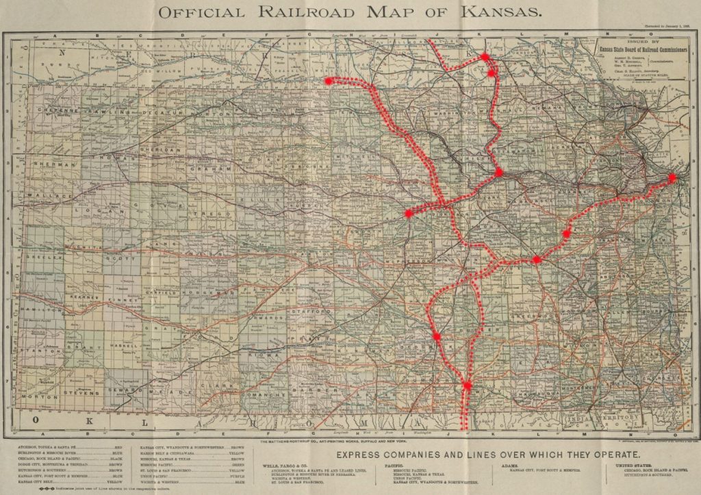 Black-and-white map of Kansas and border areas, with red dotted lines between cities.
