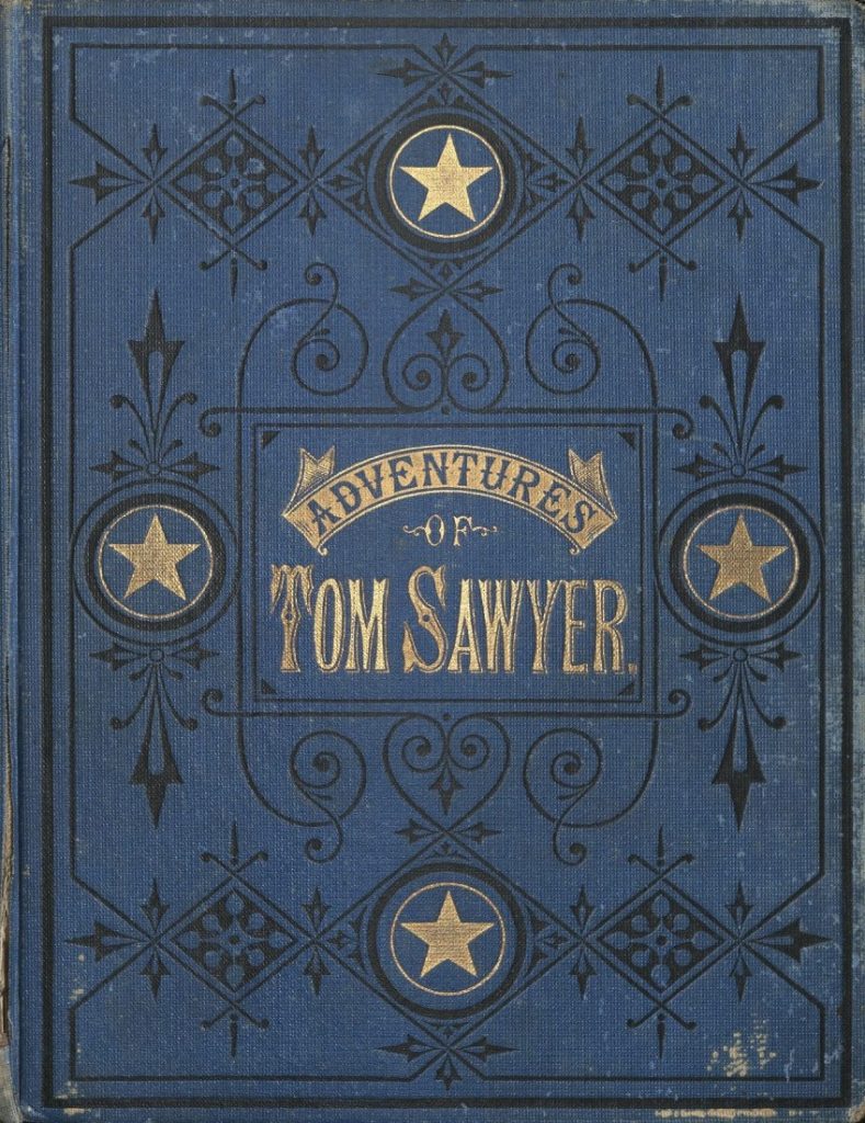 This image has text. Book title in gold against a blue background with black designs and four gold stars.