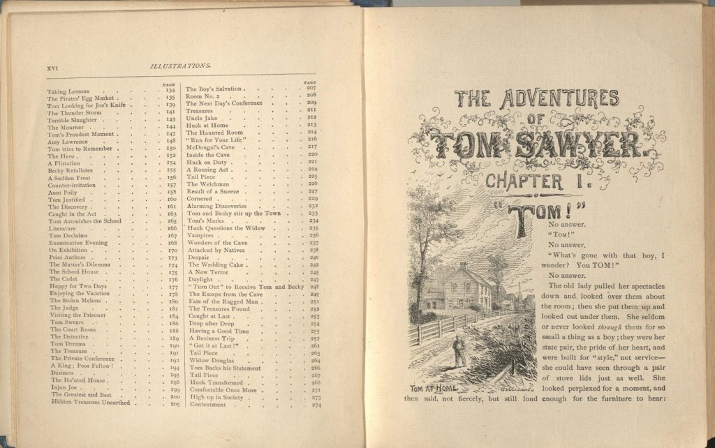 This image has text: a list of illustrations and the first page of the first chapter. The latter is accompanied by a black-and-white illustration of a boy standing on a dirt road in front of a house.