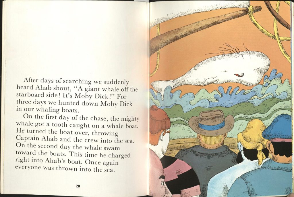 This page contains text. Color illustration of sailors standing at the edge of a ship deck, looking at Moby-Dick in the water.