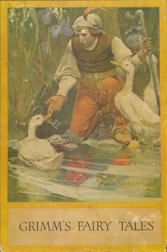 Color illustration of a man kneeling by water. He is with two geese, one of which has a key in its mouth.