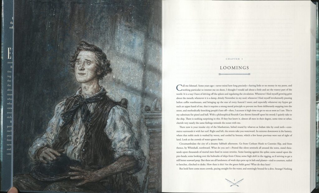 This page has text. One page has a muted color illustration of a young man sitting in a chair and holding a hat.
