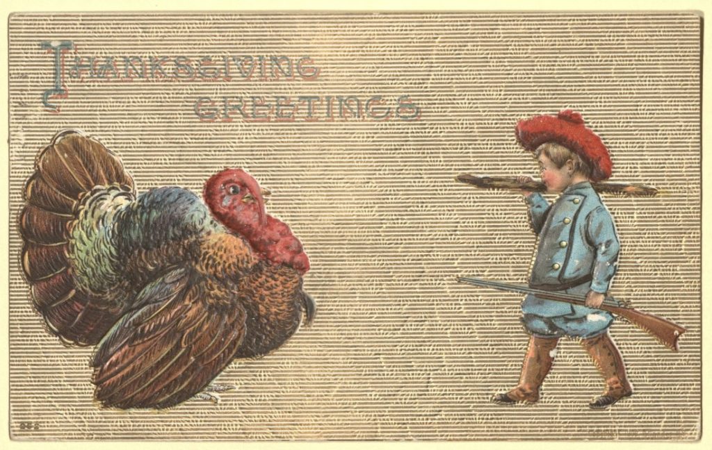 Color illustration of a turkey looking at a boy carrying a rifle. The text "Thanksgiving Greetings" is at the top.