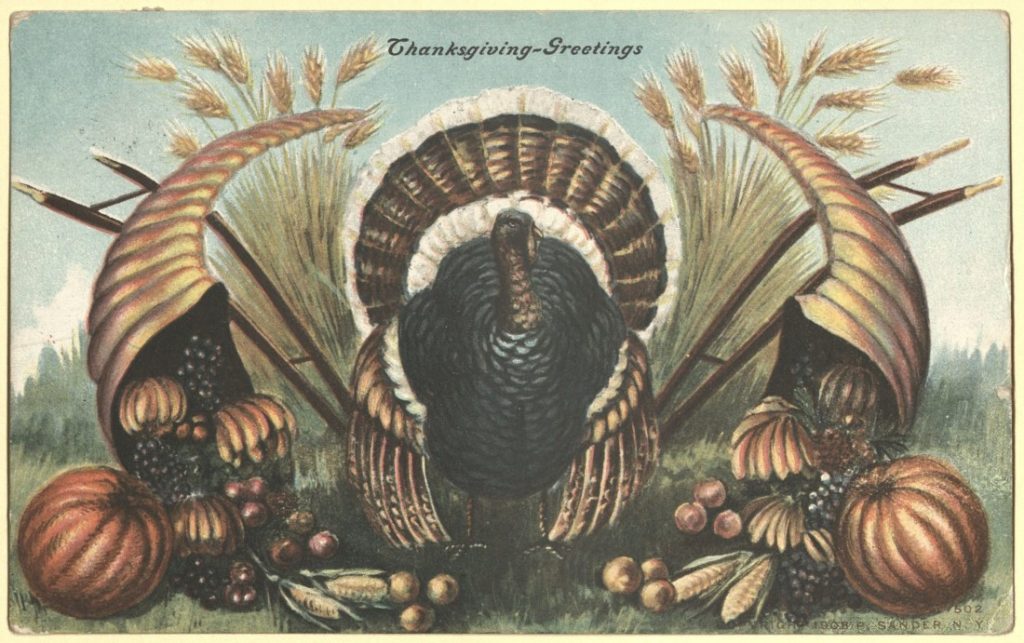 Color illustration of a turkey flanked on each side by wheat, a plow, and a cornucopia of autumnal produce. The text "Thanksgiving Greetings" is at the top.