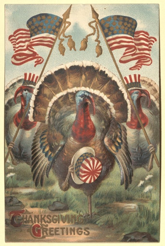 Color illustration of three turkeys wearing red and white striped top hats. Two are carrying American flags. The text "Thanksgiving Greetings" is in the lower left corner.
