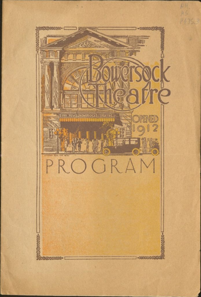 This image has text against a yellow background and a sketch of the theatre building.