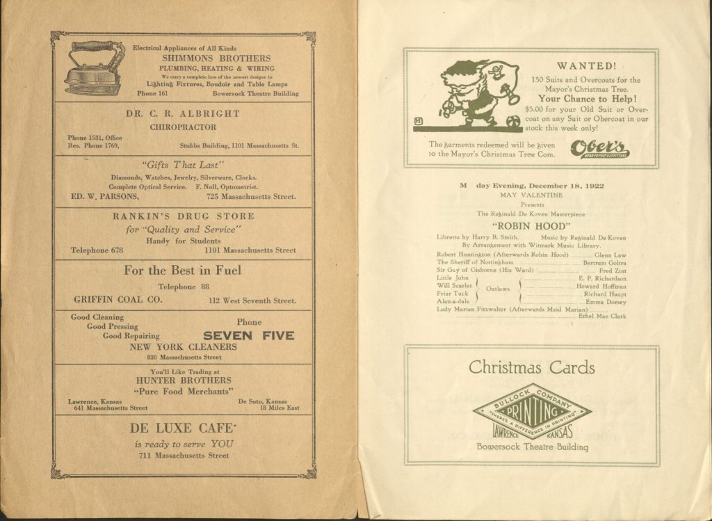 This image has text, primarily advertisements but also a cast list for the play "Robin Hood."