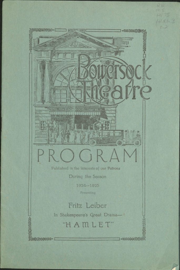This image has text against a green background and a black-and-white sketch of the theatre building.
