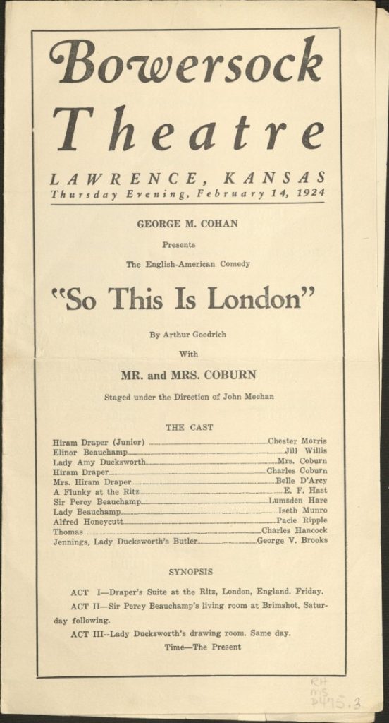 This image has text, primarily a cast list for the play "So This is London."