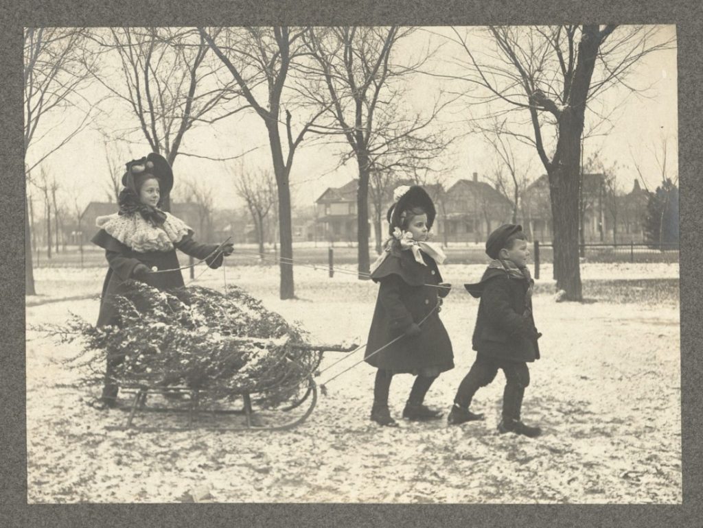 Black-and-white photograph of three children pulling a pine tree on a sled. There is snow on the ground and a row of houses in the background.
