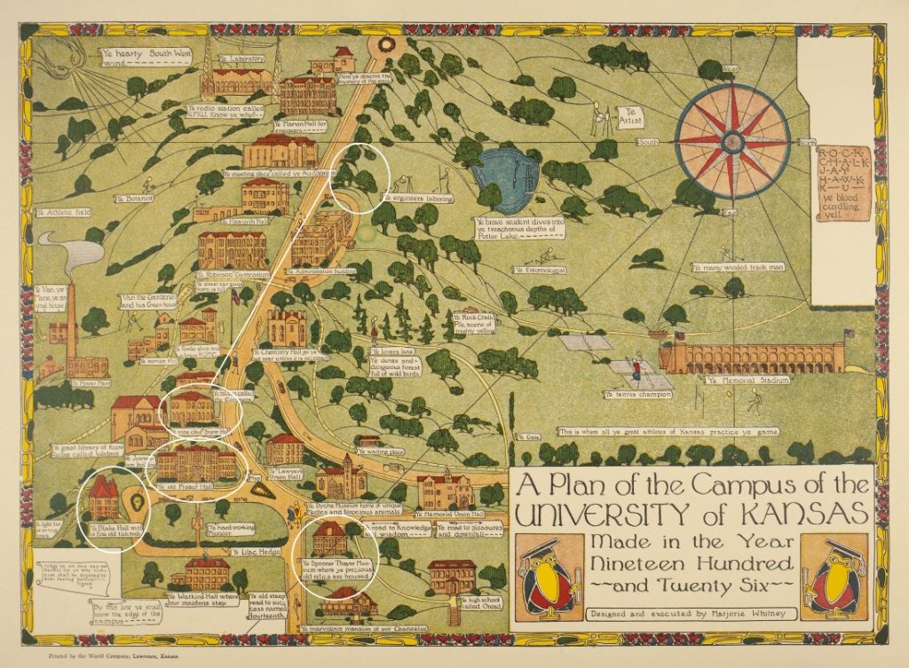 Colorful map of the KU Campus showing buildings and other landmarks accompanied by captions.