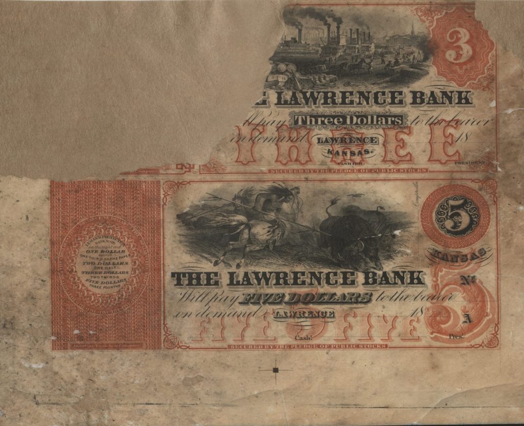 This image has text in red and black ink. The $3 note includes a large sketch of steamboats and a small sketch of a Native American woman holding a baby. The $5 note shows a Native American man attacking a bison.