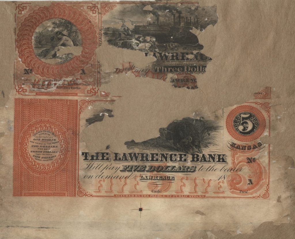 This image has text in red and black ink. The $3 note includes a large sketch of steamboats and a small sketch of a Native American woman holding a baby. The $5 note shows a Native American man attacking a bison.