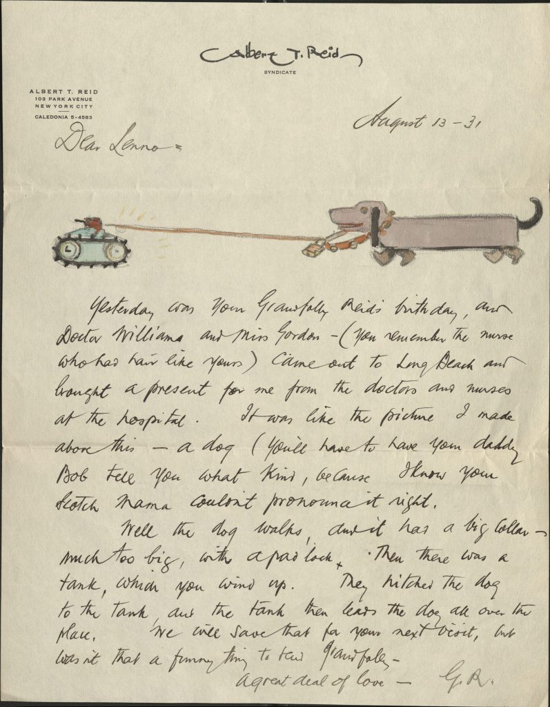 Handwritten letter on Albert T. Reid stationary including a sketch of a toy tank pulling a toy dachshund by a leash.  