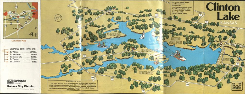Color illustration of Clinton Lake with neighboring communities and roads.