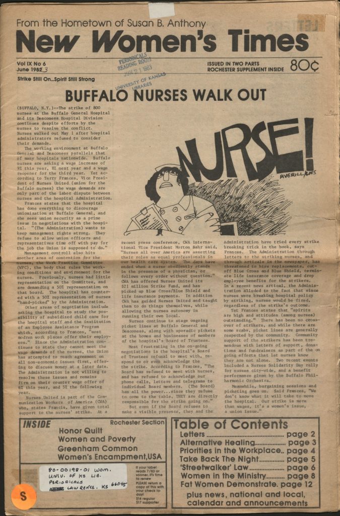 This image has the text of the front page story "Buffalo Nurses Walk Out" with a black-and-white illustration of a nurse shouting the word "nurse!"