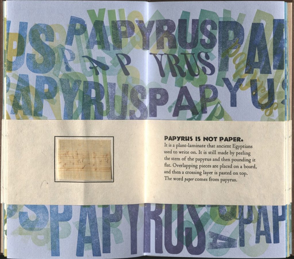 A paragraph about papyrus - with a small sample - against a light blue background with the word "papyrus" in different fonts of blues and greens. 