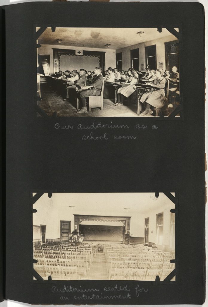 Two sepia-toned photos against a black background, each with a handwritten caption: student attending class in the school auditorium, and the auditorium set up for a performance.