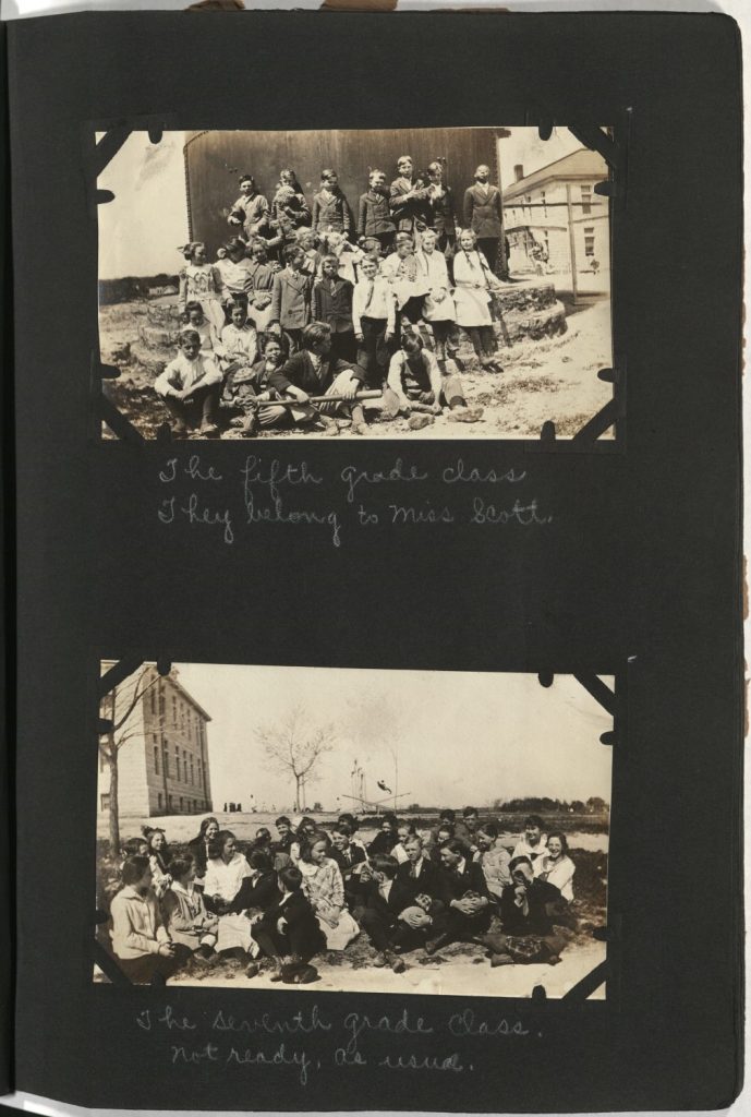 Two sepia-toned photos against a black background, each with a handwritten caption: a group of fifth-grade students in front of a structure, and a group of seventh-grade students outside with a building in the background.