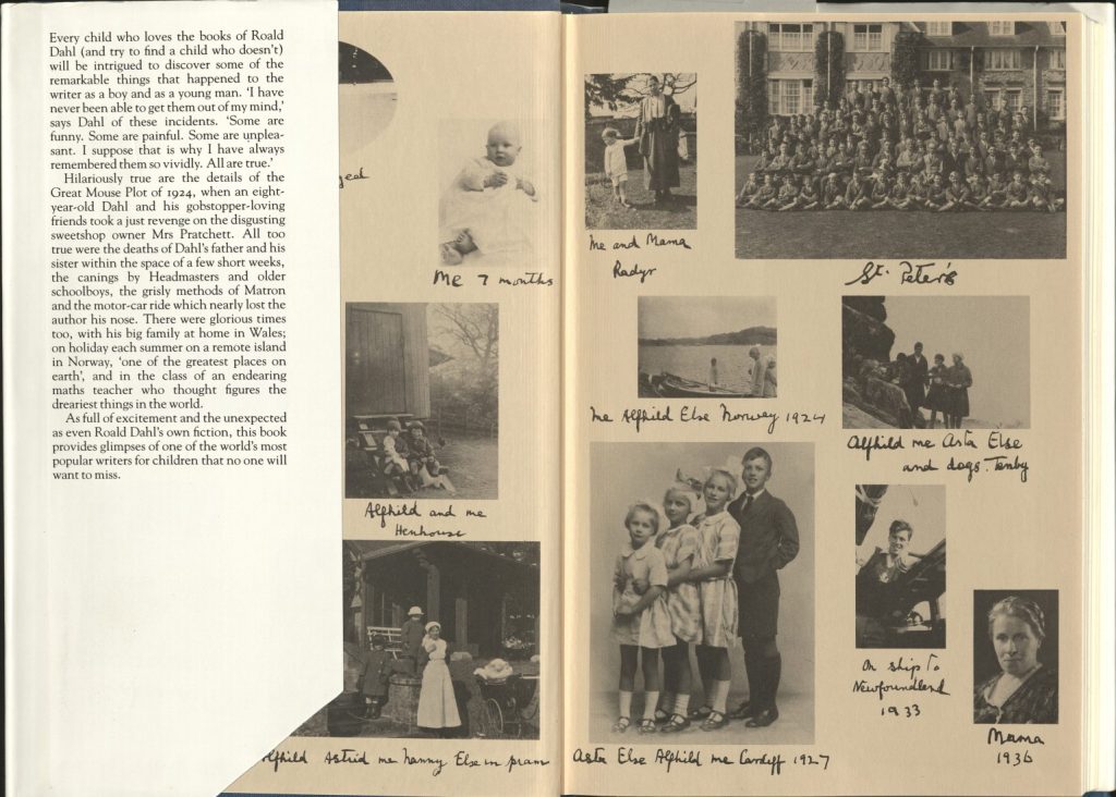 Collage of black-and-white photographs of a young Roald Dahl and his family.