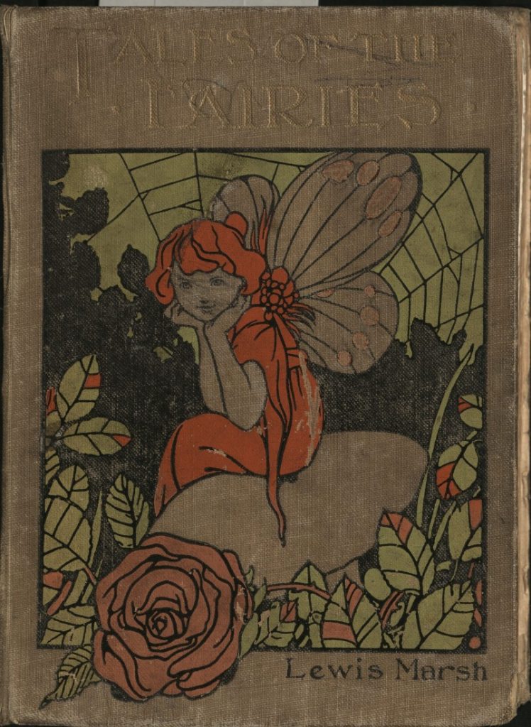Illustration of a red-haired fairy in a red dress sitting on a rock surrounded by flowers.