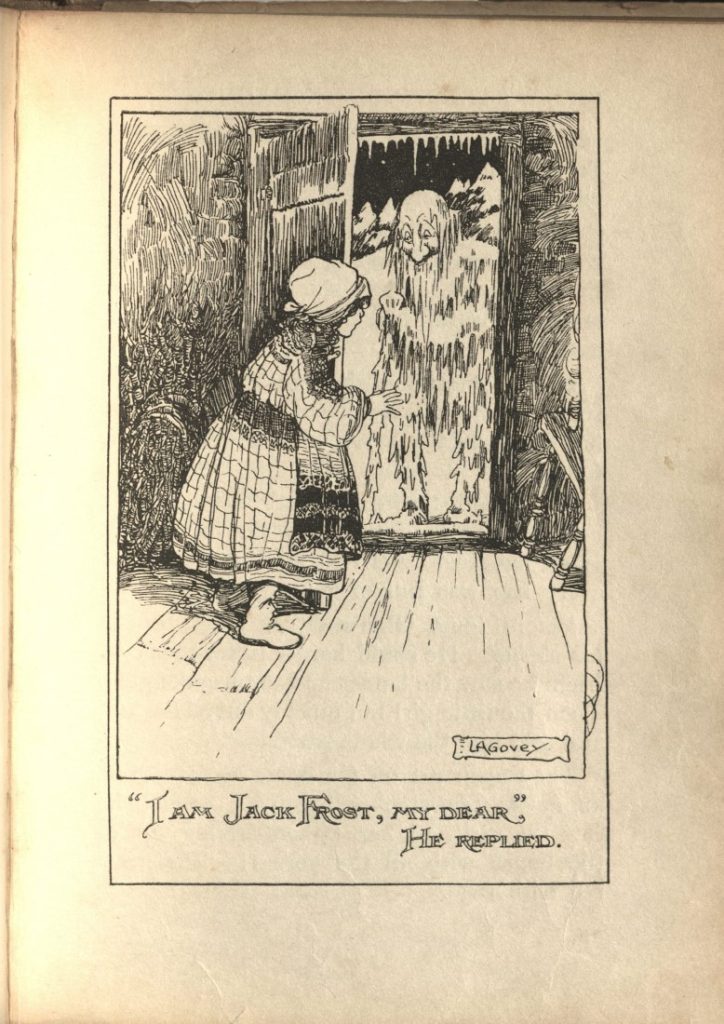 Black-and-white sketch of a child opening a door to Jack Frost, a man covered in icicles. 