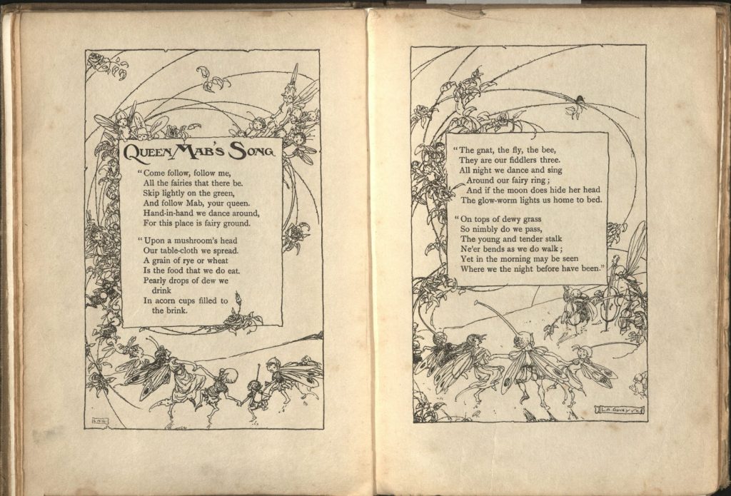 This image has the text of the poem "Queen Mab's Song." The text is surrounded by a black-and-white sketch of small fairies dancing in groups.