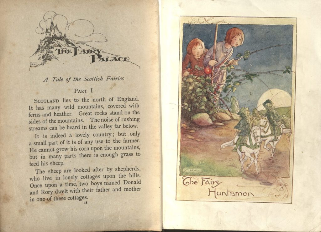 This image has the text of the first page of the story "The Fairy Palace." The facing page is a color illustration of two children watching small green "fairy huntsmen" riding white horses.