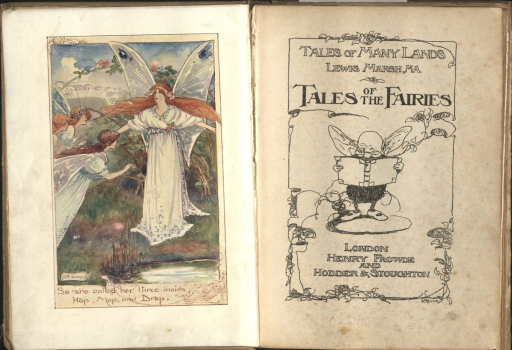 This image has text. Facing the title page is a color illustration of a red-haired fairy in a long white dress, calling to her three maids.