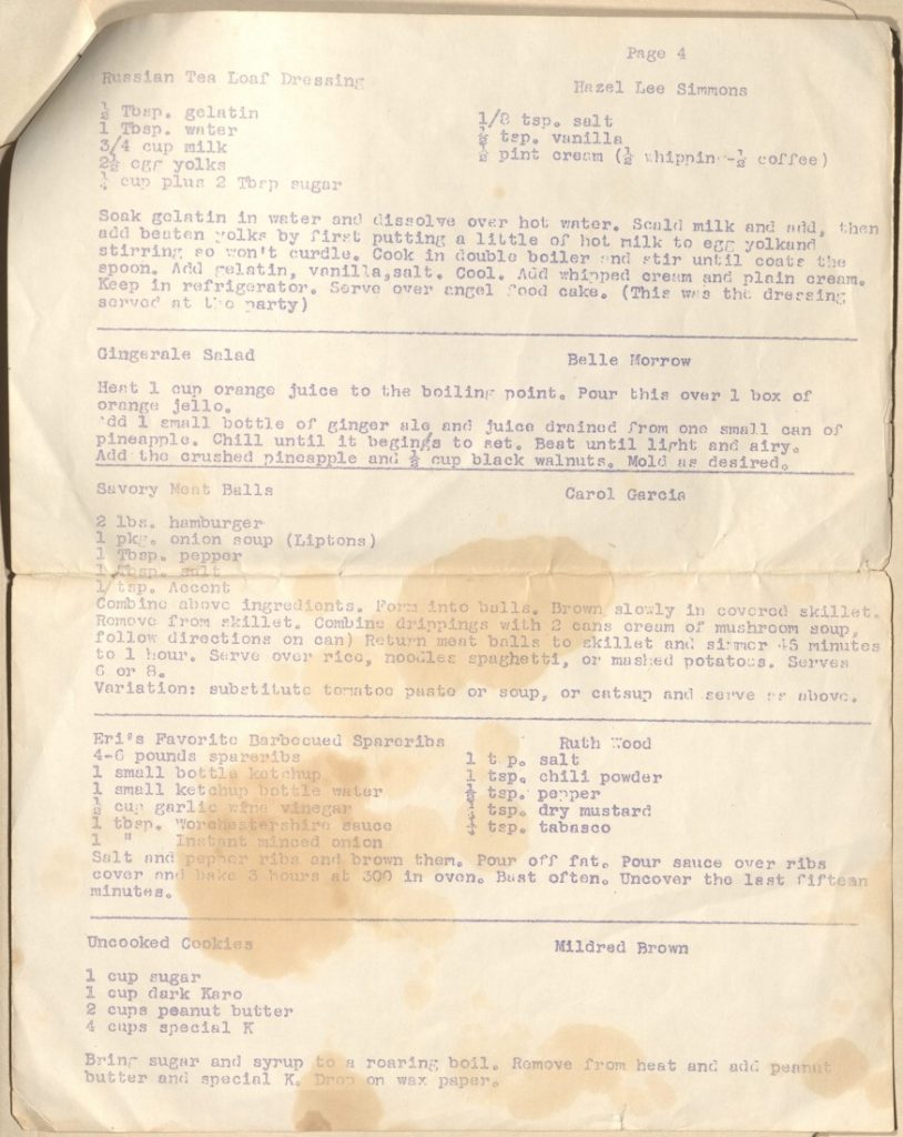 This image has the text of recipes for Russian tea loaf dressing, ginger ale salad, savory meat balls, "Eri's favorite barbecued spareribs," and uncooked cookies.