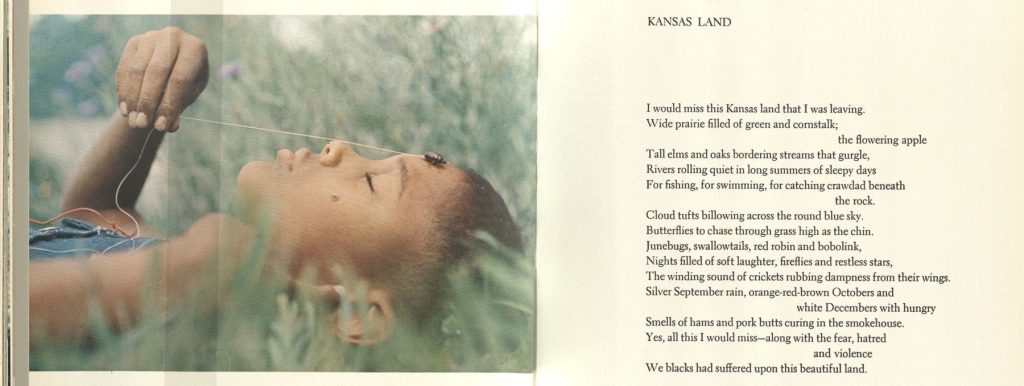 Two pages from a book. On the right is the text of the poem "Kansas Land." On the left is a color photograph of an African American girl lying in the grass.