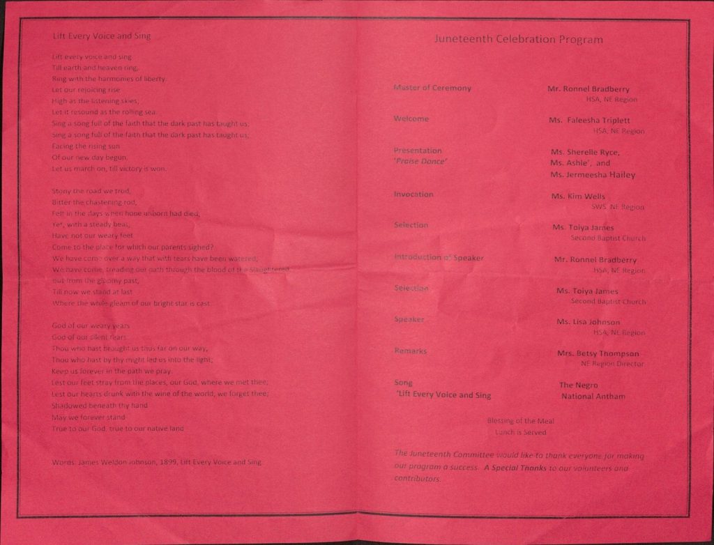This image has the text of "Lift Every Voice and Sing" and the order of events in the program.