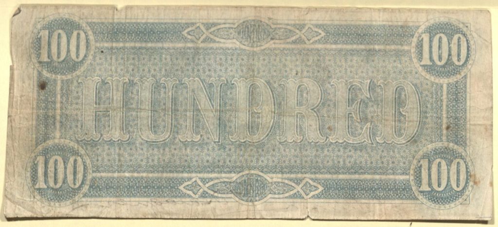 This image has the word "Hundred" in the middle, with the number 100 in each corner enclosed in a circle. The background and border are highly decorative in shades of blue.