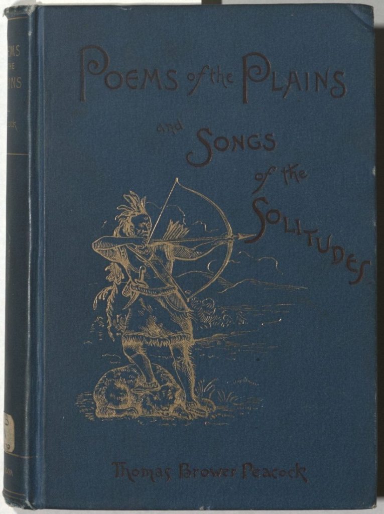 The book's front cover with the title and the author's name in black letters against a blue background. There is also a sketch of an indigenous man with a bow and arrow in gold. 