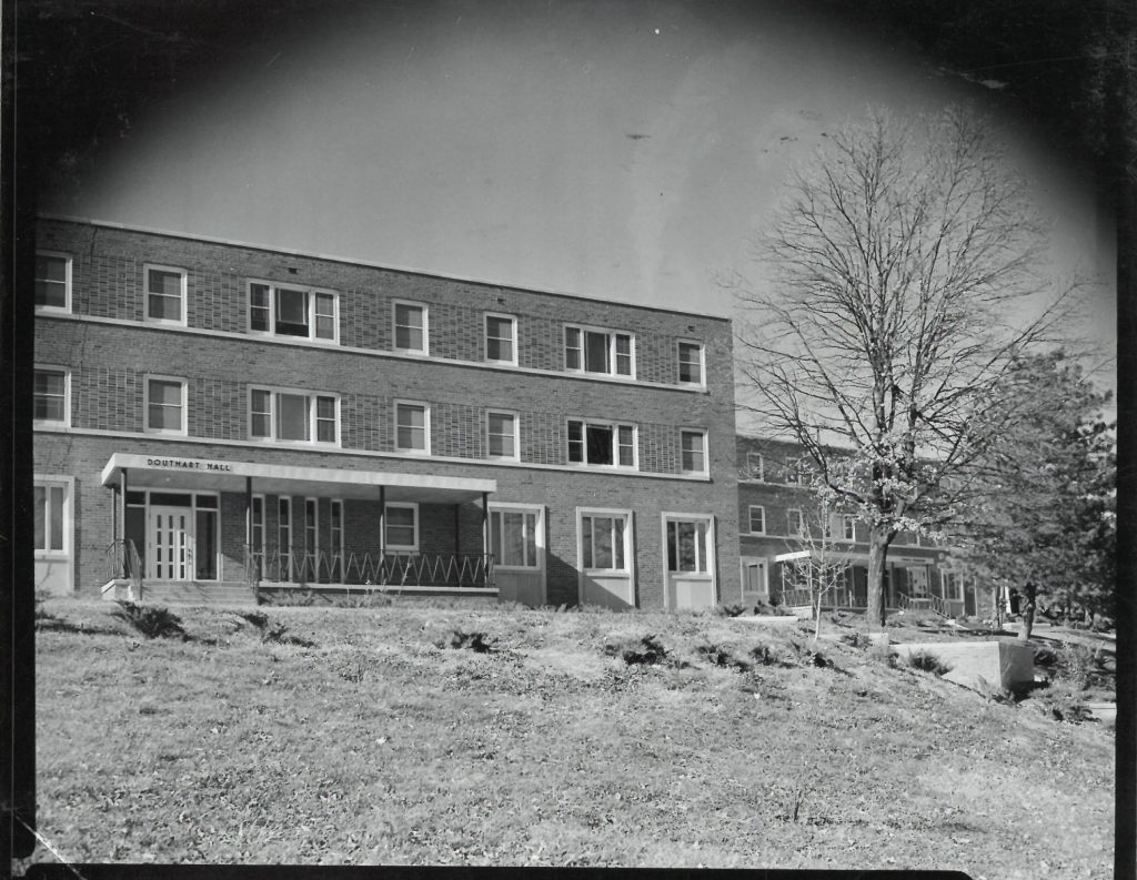 Brick building, Douthart Hall, on the University of Kansas campus.