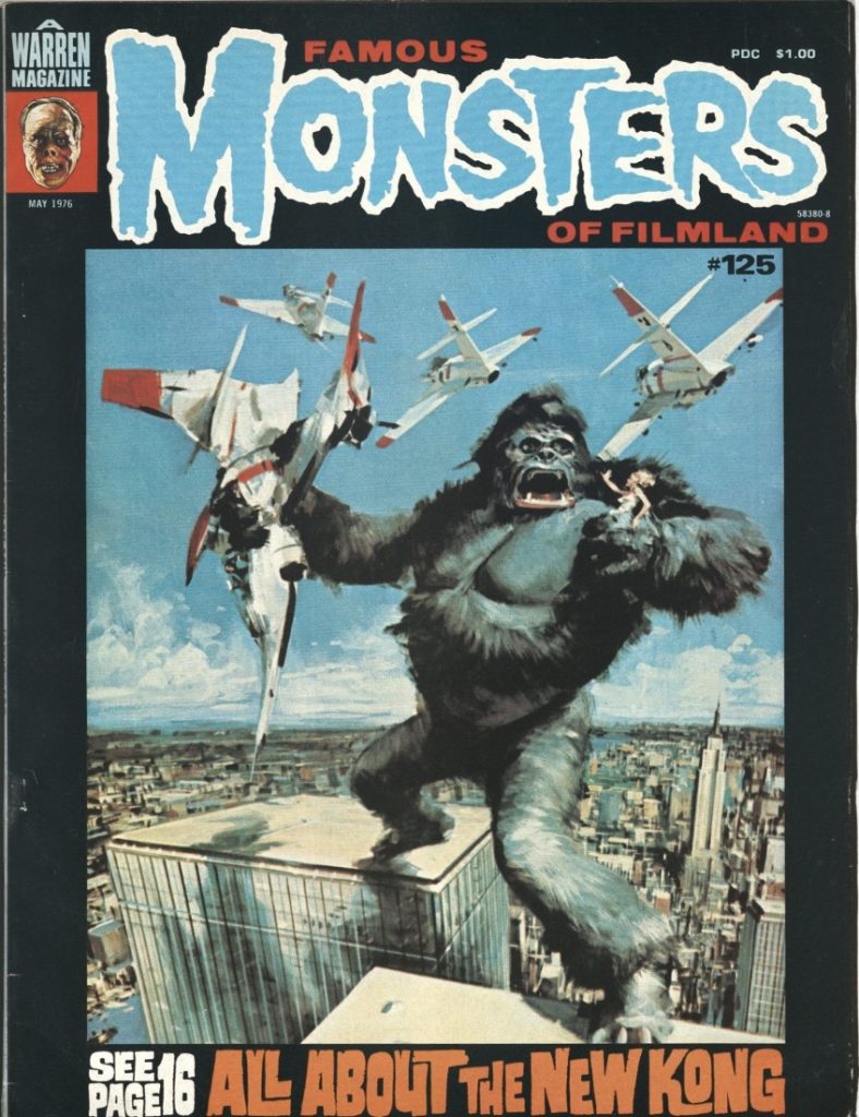 Color illustration of King Kong standing on buildings in a city, fighting airplanes with a woman in his hand.