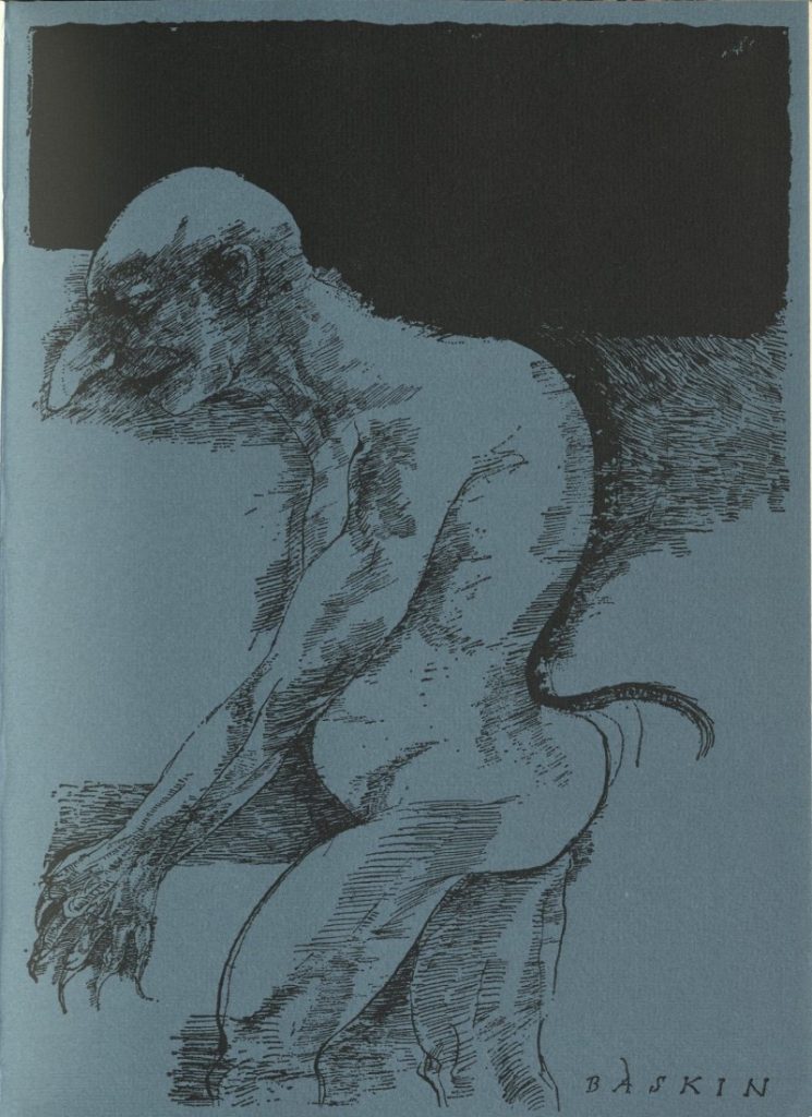 Black-and-white sketch of a male goblin in profile. He has a a large nose, webbed hands with pointed finger nails, and what appears to be a small tail.