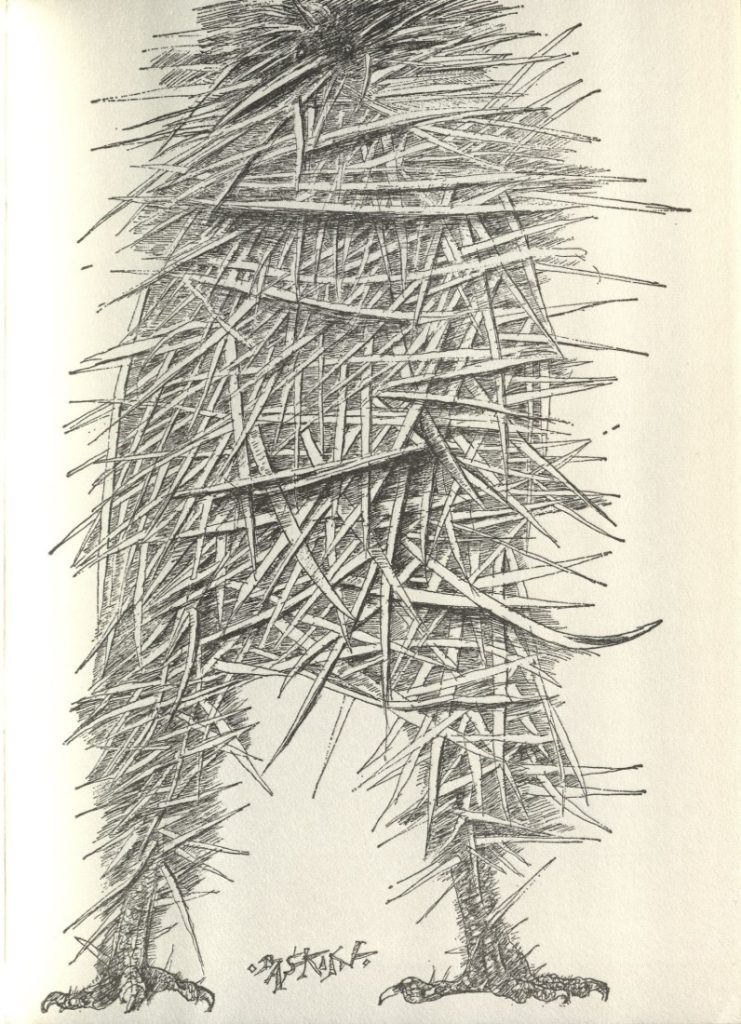 Black-and-white sketch of a creature standing on two legs. He appears to be covered or made of twigs or something of a similar shape.