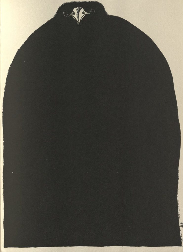 Black-and-white sketch of a small creature peeking out from inside what appears to be a large black coat.