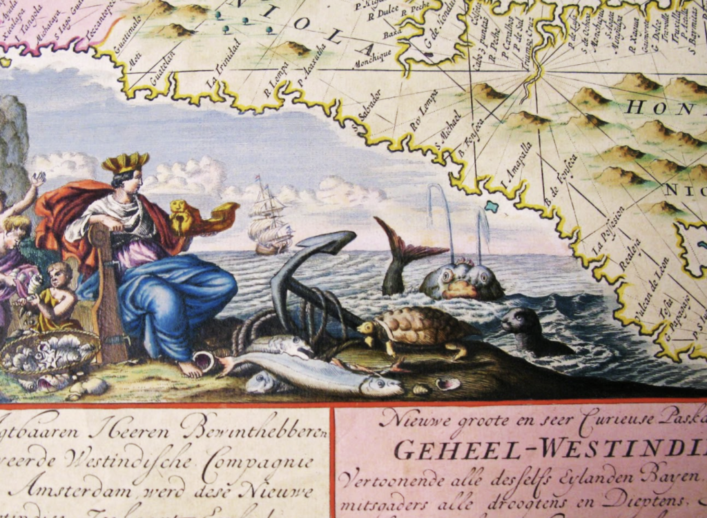 Assorted sea creatures depicted in the map Nieuwe groote en seer Curieuse Paskaart van Gehell-Westindien... by Jan Sikkena, ca.1698-1715. Call Number: Orbis Maps 1:156.