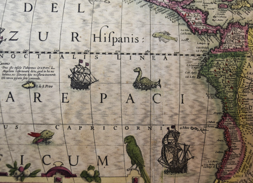 Assorted sea creatures depicted in the map America by Jodocus Hondius, ca.1609-1633. Call Number: Orbis Maps 1:33.