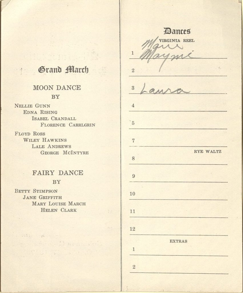 The left-side page in this image has the text of the female students who participated in the Moon Dance and Fairy Dance in the Grand March. The page on the right has blank numbered lines for listing dance partners.