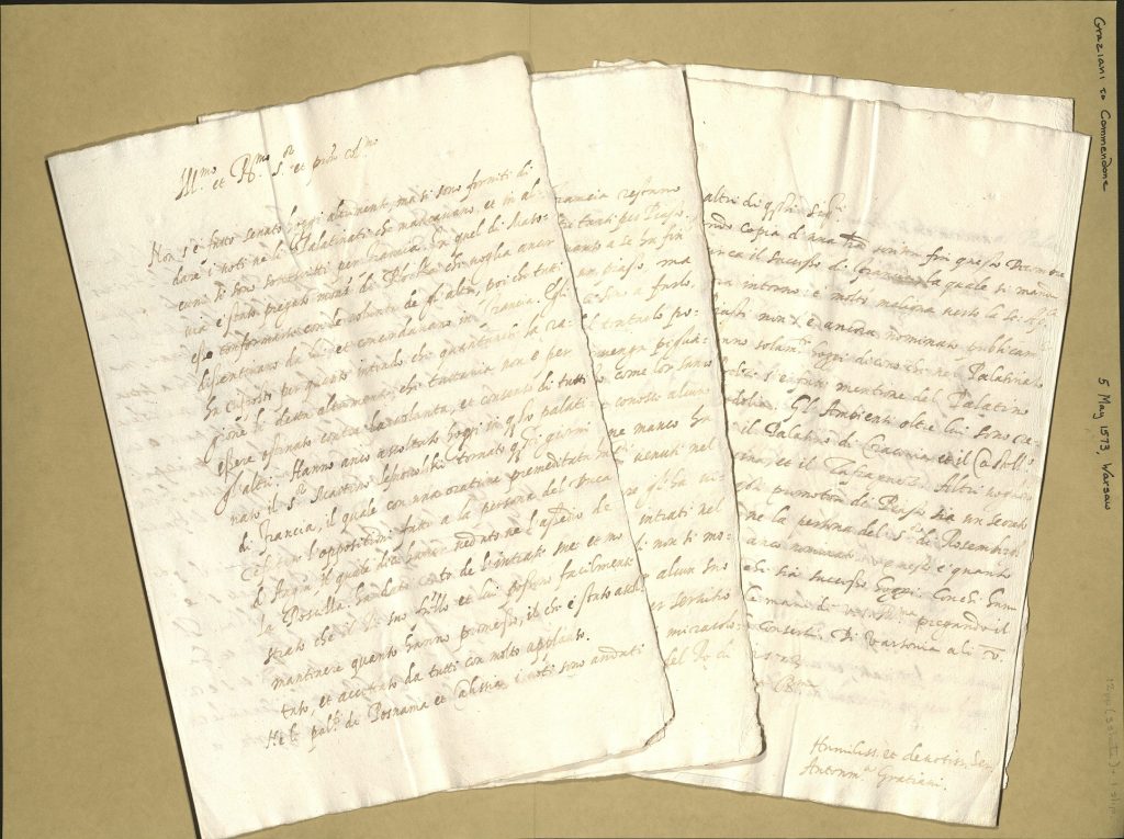 Folder open showing a letter/report from Graziani to Commendone, reporting on the diet in Warsaw to elect a new Polish-Lithuanian king, 5 May 1573