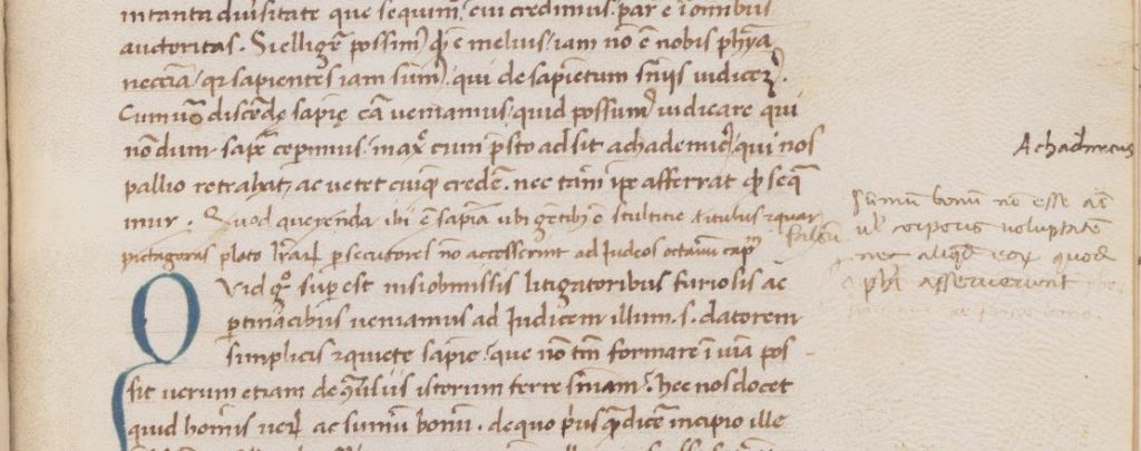 Image of a detail from a manuscript copy of Lactantius’ Divinae Institutiones [The Divine Institutes], Italy, ca. 1400-1500 CE., with manuscript notes in the margin.