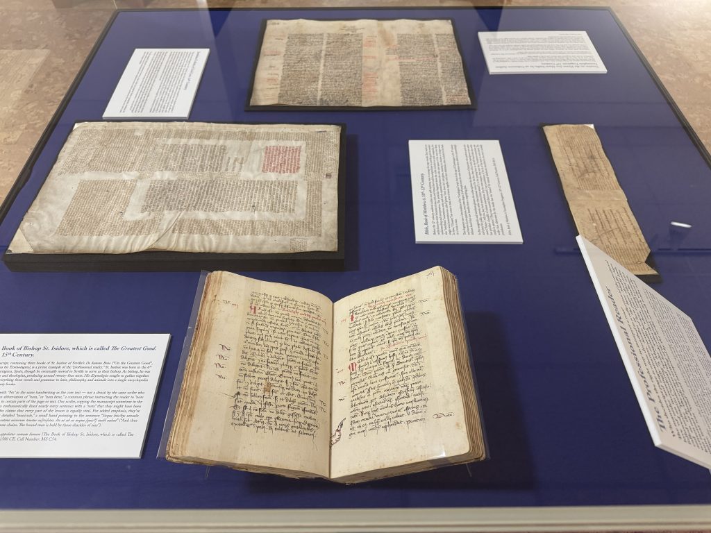 Exhibit case of medieval manuscripts currently on display as part of the Marvelous Medieval Marginalia exhibit