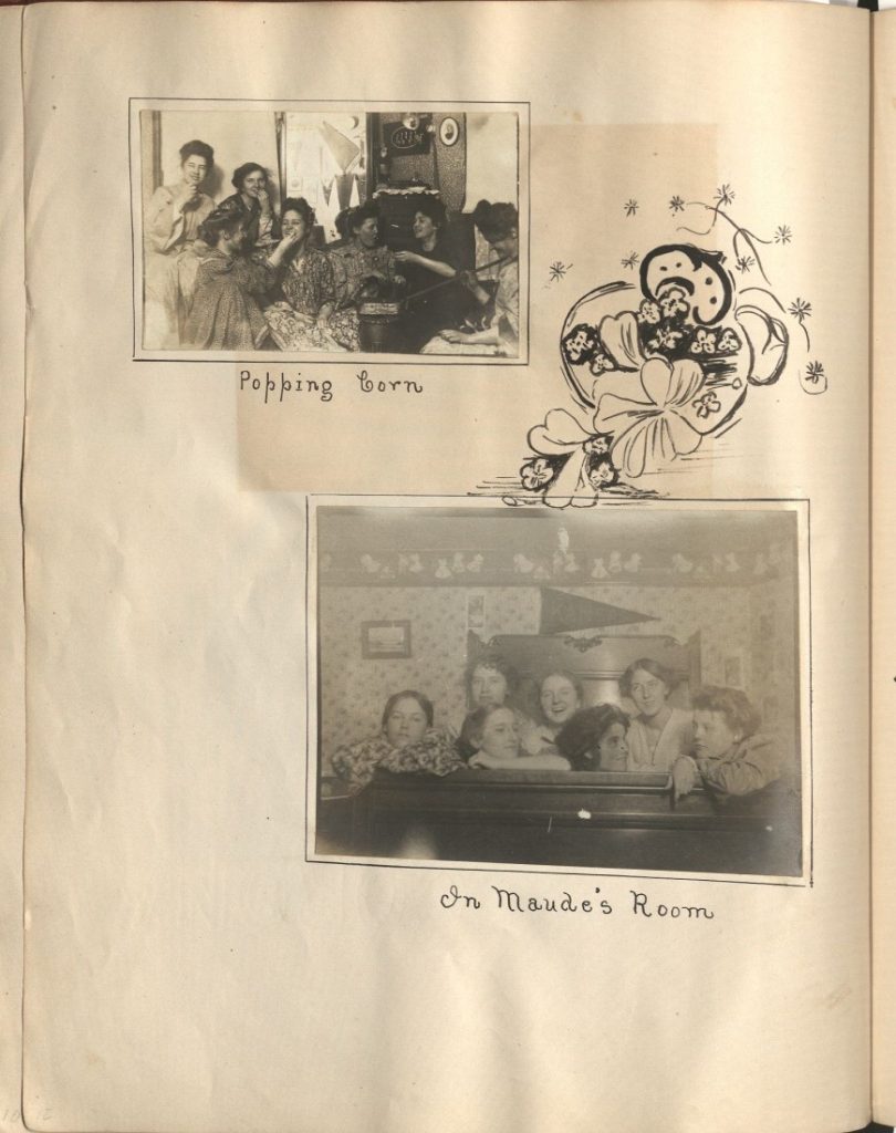 Two black-and-white photos attached to a larger piece of off-white paper. One shows a group of girls making and eating popcorn. The other shows a group of girls laying on a bed "in Maude's room."