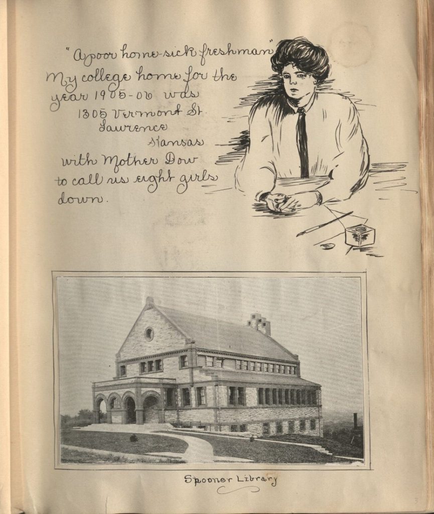 This image has text accompanied by a black-and-white sketch of a woman sitting at a desk. There is also a photograph of Spooner Library.