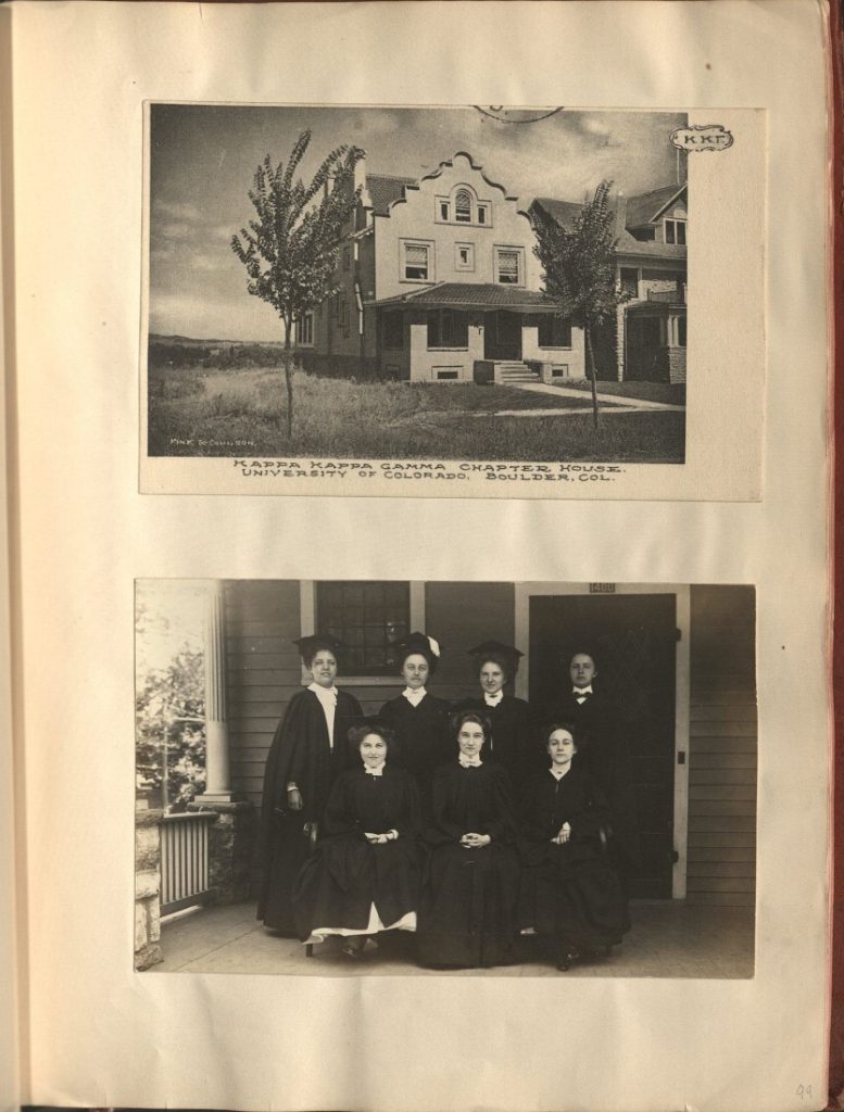 Scrapbook page with two black-and-white photographs: the Kappa Kappa Gamma House at the University of Colorado, and a group of women in graduation caps and gowns.