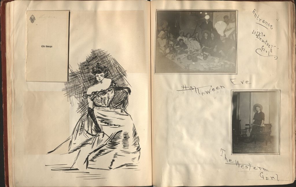 Two-page scrapbook page. On the left is a dance card and a black-and-white sketch of a girl in an evening gown. On the right are two black-and-white photos: a group at a Halloween party and Nola Mary Ayers dressed as "the Western Girl."